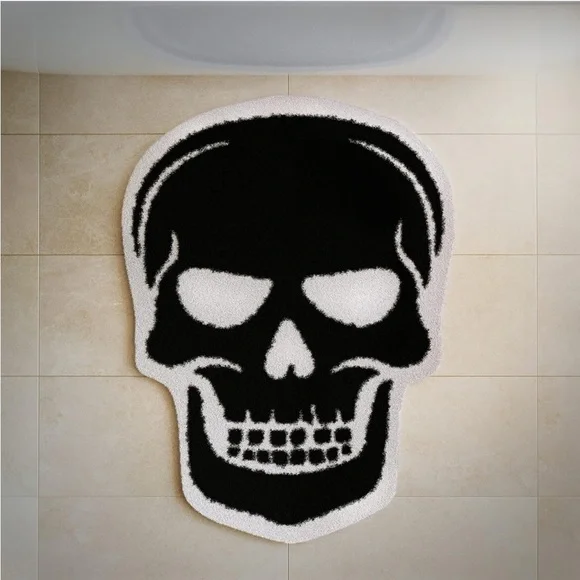 Skull Bath Mat Rug Gothic Bathmat Goth Bathroom Decor Black sk… - Picture 3 of 6